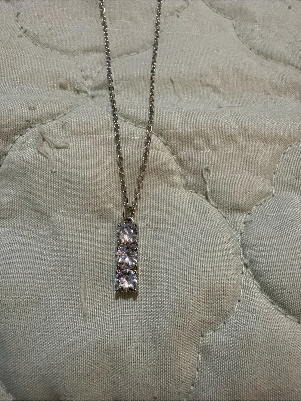 Silver Vertical Bar Necklace with Three Clear Stones - Women Jewelry